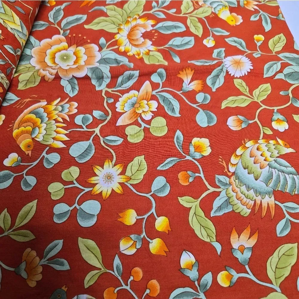 SCHUMACHER screen printed red floral Manchu‎ heavy fabric two pieces lot 3 yards